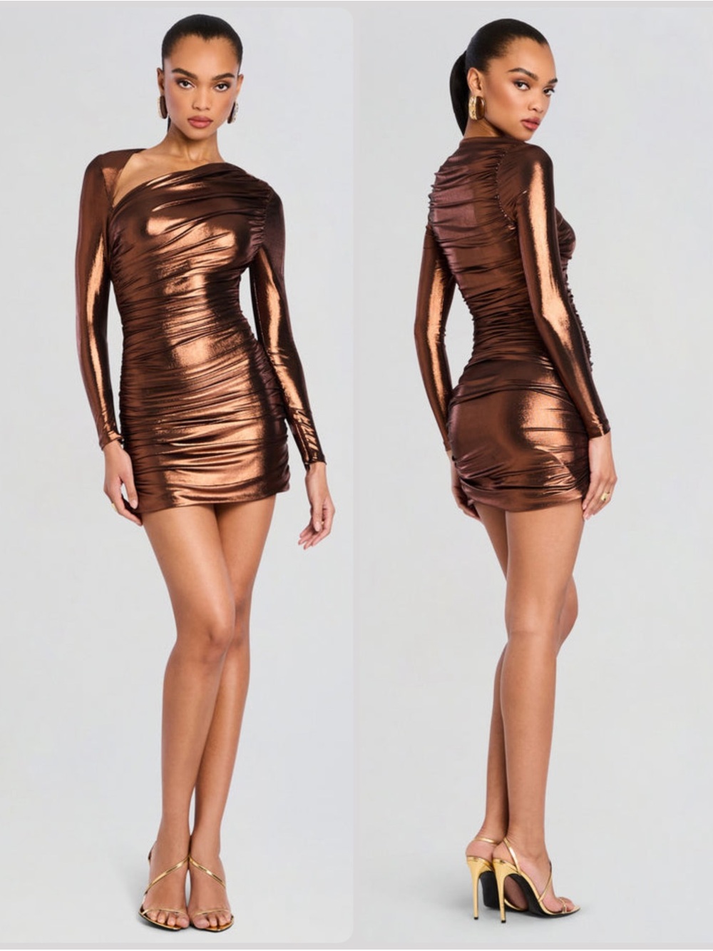 Retrofete Kaylor Metallic Bronze Ruched Long Sleeve Mini Dress NWT $498